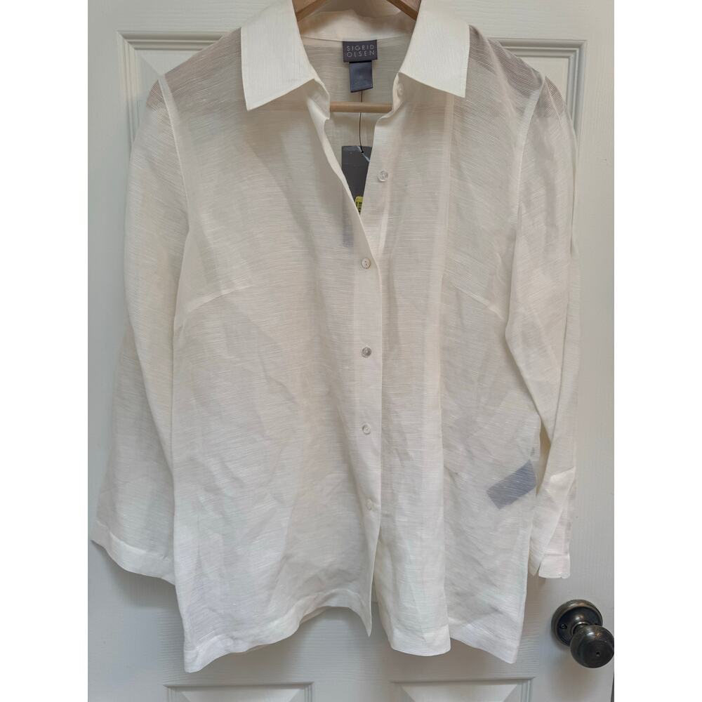 Sigrid Olsen Sheer White Silk/Linen Button Up Top Sz Medium Summer Coastal Beach
